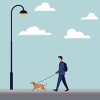A man in a suit walking a brown dog on a sidewalk under a streetlamp in a flat illustration vector