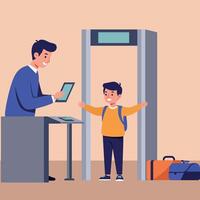A cheerful child passing through a security scanner at an airport with a friendly attendant in flat art vector