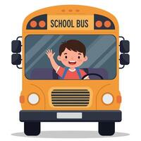 Cheerful boy waving from a bright yellow school bus in a playful flat illustration vector