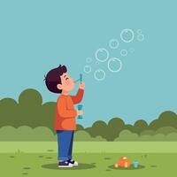 A young boy blowing bubbles while holding a bubble wand in a bright green park, flat illustration vector