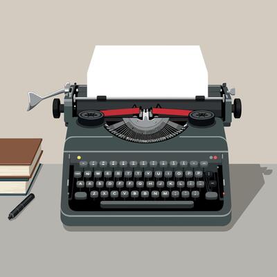 Vintage Typewriter on Desk with Books and Pen in a Minimalist Flat Illustration