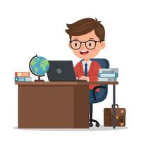A young boy in a red blazer happily working at a desk with a laptop and globe in a cheerful flat illustration vector