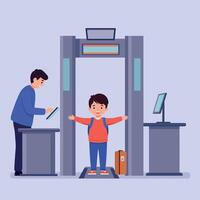 Young boy with backpack smiling during security check at airport with minimal design art vector