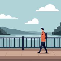 A man walking along a serene waterfront pathway in a flat illustration with gentle hills and clouds in the background, evoking peacefulness and tranquility through art vector