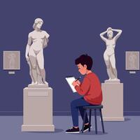 A young boy sketching classical sculptures in a museum, showcasing flat design elements and a contemplative atmosphere in art vector