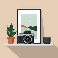 Vintage Camera on Shelf with Plant and Frame in Minimalist Art vector