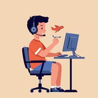 A boy wearing a headset, joyfully playing with toy airplanes while sitting at a computer desk in a minimal illustration vector