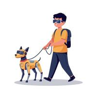 A boy walking a robotic dog in sunglasses, showcasing a playful interaction, minimal design, and bright colors in engaging art vector