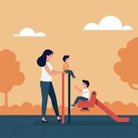 A mother playing joyfully with her two children at a colorful playground in flat illustration style, showcasing a cheerful outdoor scene filled with laughter and fun vector
