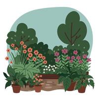 Lush garden scene featuring colorful flowers and vibrant greenery in a flat design style of art vector