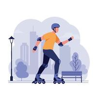 A man roller skating in a vibrant city park setting with a flat design style, showcasing energy and motion in this art vector