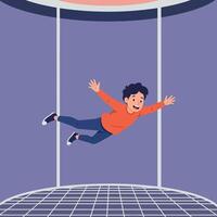 A joyful child with curly hair soaring in a wind tunnel while wearing a bright orange shirt, engaging in a thrilling indoor skydiving experience depicted in flat art vector