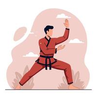 A male martial artist in a red uniform practicing a graceful pose in a minimalistic setting with soft background elements, showcasing focus and determination in art vector