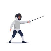 A young fencer poised in action, wearing protective gear, showcasing determination and skill in a flat illustration vector