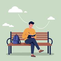 A young man writing in a notebook while sitting on a park bench in a flat illustration that conveys creativity and tranquility in an outdoor setting art vector