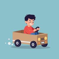 A cheerful boy driving a cardboard toy car in a playful flat illustration showcasing joy and creativity in a whimsical setting vector