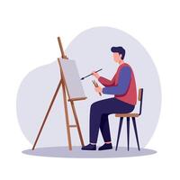 A man painting on an easel in a minimal style, showcasing creativity and focus in a calming atmosphere, illustration vector