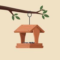Wooden Bird Feeder Hanging from Tree Branch in Minimal Flat Style Illustration vector