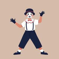 Cheerful clown performing joyfully with vibrant outfit in flat art style, showcasing expressive gestures and playful demeanor against a neutral backdrop in illustration vector