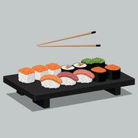 Assorted Sushi Pieces with Chopsticks on Black Tray in Minimalist Detailed Illustration vector