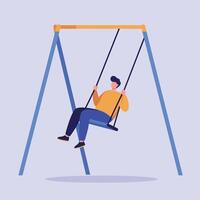 A young man swinging joyfully on a playground swing in a minimal and colorful design style, showcasing a carefree and playful atmosphere in art vector