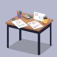 A creative workspace featuring a wooden table with colorful art supplies in a flat illustration showcasing artistic expression and inspiration in a cozy setting vector