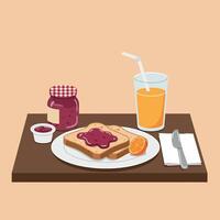 Delicious breakfast scene featuring toast with jam, orange slice, and refreshing juice, presented in a flat illustration style vector