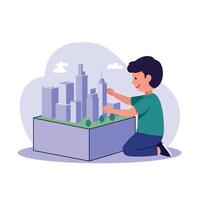 Young boy engaged in building a model city with skyscrapers in a flat illustration style showcasing creativity and imagination vector