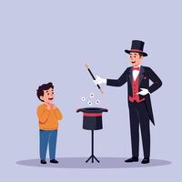 A magician performing a captivating trick for an amazed child in a flat, colorful style showcasing joy and wonder in art vector