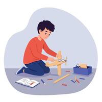 A young boy assembling a wooden airplane model on the floor in a playful and creative atmosphere, using tools and colorful markers in flat art vector