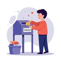 A young boy cheerfully donating a coin into a purple donation box in a minimal and colorful illustration vector