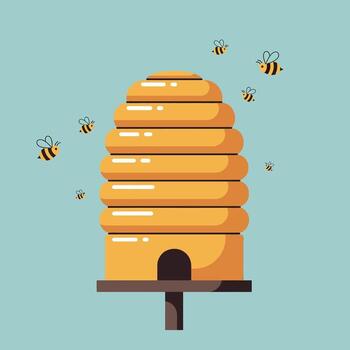 A vibrant beehive with buzzing bees in a flat and minimal design style, showcasing natures harmony in art vector