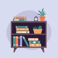 Wooden Bookshelf with Colorful Books and Plants in Minimalist Flat Style Illustration vector