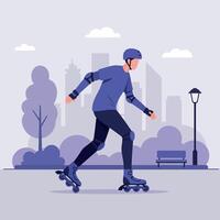 A person skating gracefully in a park setting wearing protective gear, minimal color palette, flat design art vector