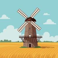 A charming windmill surrounded by golden wheat fields in a flat, minimal design style showcasing rural tranquility in art vector