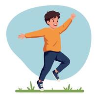 A joyful boy in a vibrant orange sweater playfully skipping across a grassy field in a flat style illustration vector