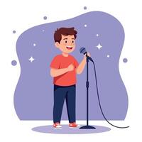 Young boy enthusiastically singing into a microphone on stage, flat design, vibrant colors, joyful atmosphere, art vector