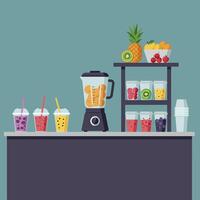 Colorful smoothie bar scene featuring a blender with fresh fruits and various drinks in flat art vector