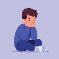 A young boy sitting on the floor with hands on his face in a flat illustration expressing sadness and contemplation in a soft color palette vector