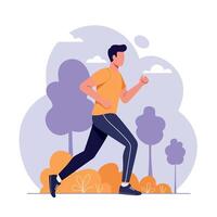 A man jogging energetically in a park surrounded by stylized trees, showcasing a flat design style in vibrant colors, emphasizing health and activity in art vector