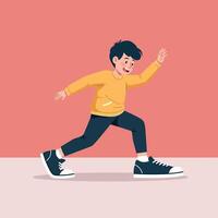 A cheerful boy in a bright yellow sweater joyfully running across a minimalistic background in flat art vector
