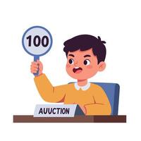 A young boy enthusiastically bidding at an auction holding a sign displaying the number 100 in flat art style vector