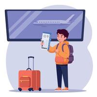Young boy with a suitcase and boarding pass waiting at the airport gate in a flat illustration vector