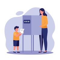 A woman assisting a child while voting in a polling booth, minimal style illustration showcasing civic engagement and family involvement in the democratic process art vector