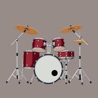 Red Drum Set in Detailed Flat Design, Featuring Cymbals and Stands, Displayed on a Neutral Background Illustration vector