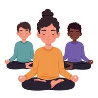 Three individuals practicing meditation in a serene setting with a flat design style, showcasing tranquility and focus in art vector