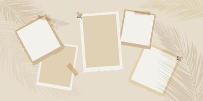 Aesthetic Photo Frame set Collage on Beige Background with Palm leaves shadows.Frames with tape and pins on neutral background.Scrapbooking, memory collages, social media templates. illustration vector
