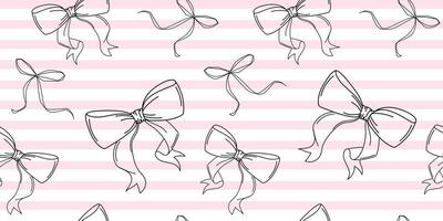 Seamless Bow Pattern with Pink Striped Background.Seamless pattern featuring hand-drawn black bow illustrations on a soft pink and white striped background vector
