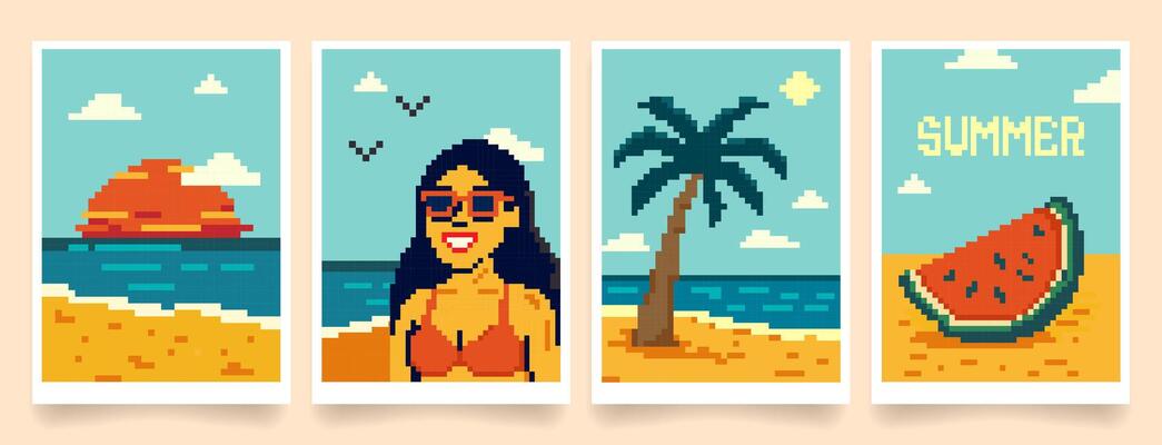 Vintage Pixel art summer postcards with beach sunset, smiling woman in sunglasses, palm tree, and watermelon with retro colors, ideal for digital stickers, posters, game assets, summer designs.