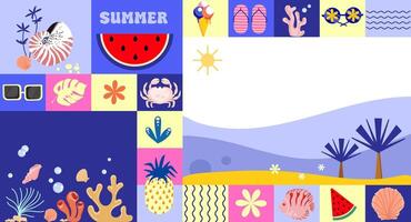 Geometric Summer beach Banner Background with colorful icons on the theme of vacation with sea elements, fruits in mosaic style. Summer time concept promotion design. vector